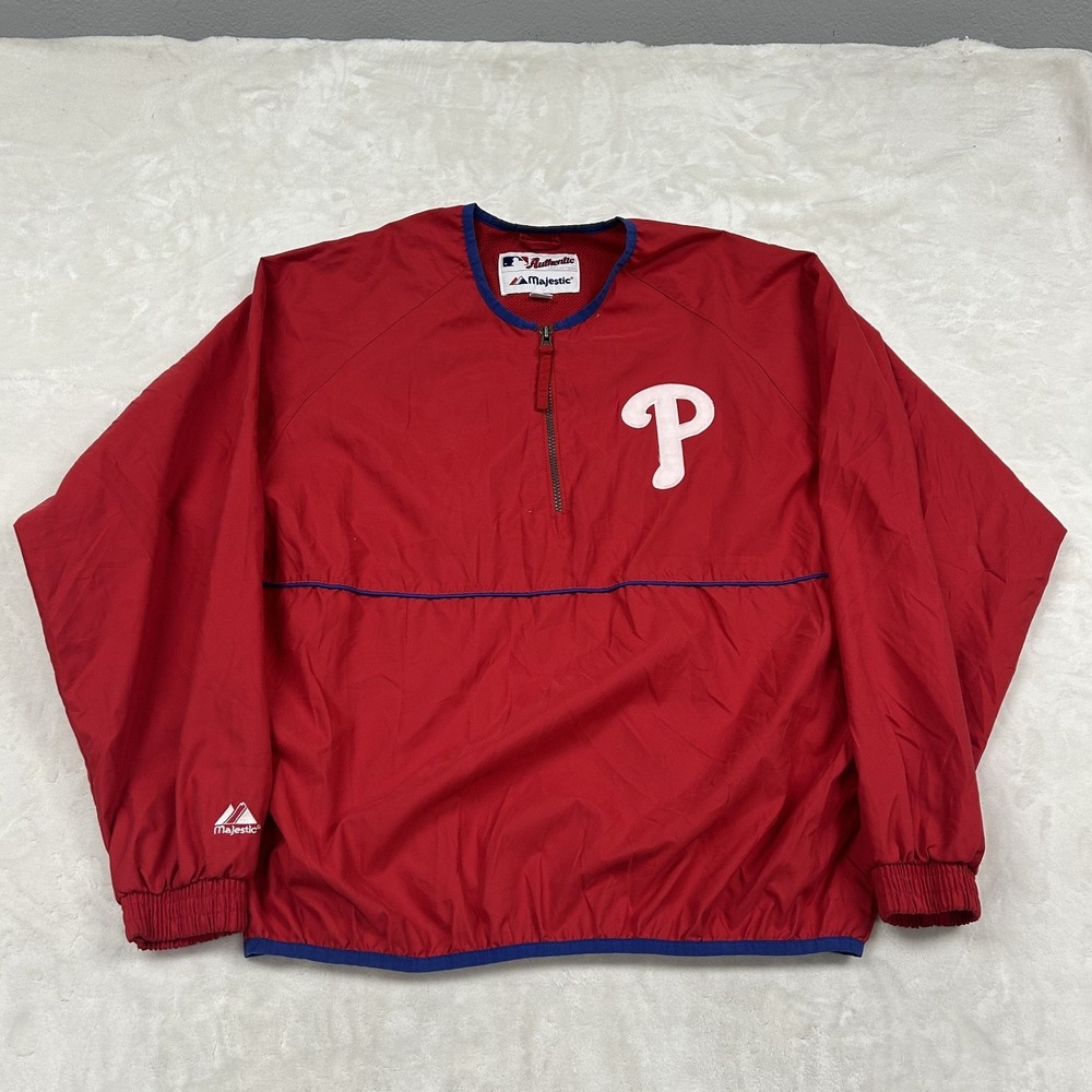 Majestic Windbreaker Mens Medium Red Philadelphia Phillies Quarter Zip Pullover